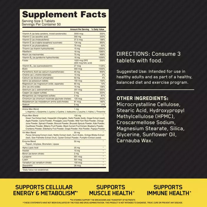 Optimum Nutrition Opti Men 150 Tabletas informacion nutricional