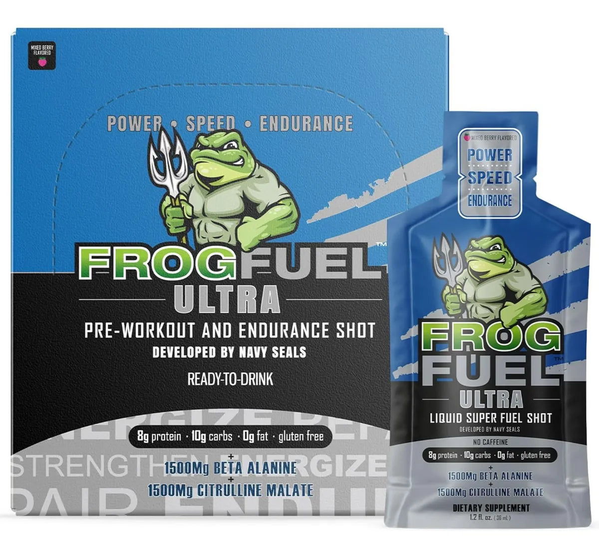 Frog Fuel Ultra Pre-Workout Shot Evolved Caffeine Free 24 shots Mixed Berry Portada 3