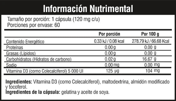 Musclefit Vitamina D3 60 capsulas Informacion nutricional