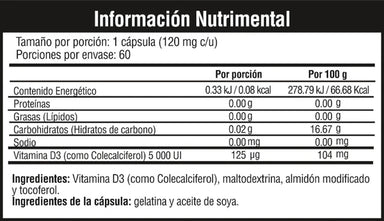 Musclefit Vitamina D3 60 capsulas Informacion nutricional
