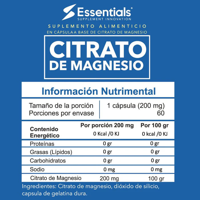 Essentials Citrato de Magnesio 200 Mg 60 Capsulas informacion nutricional