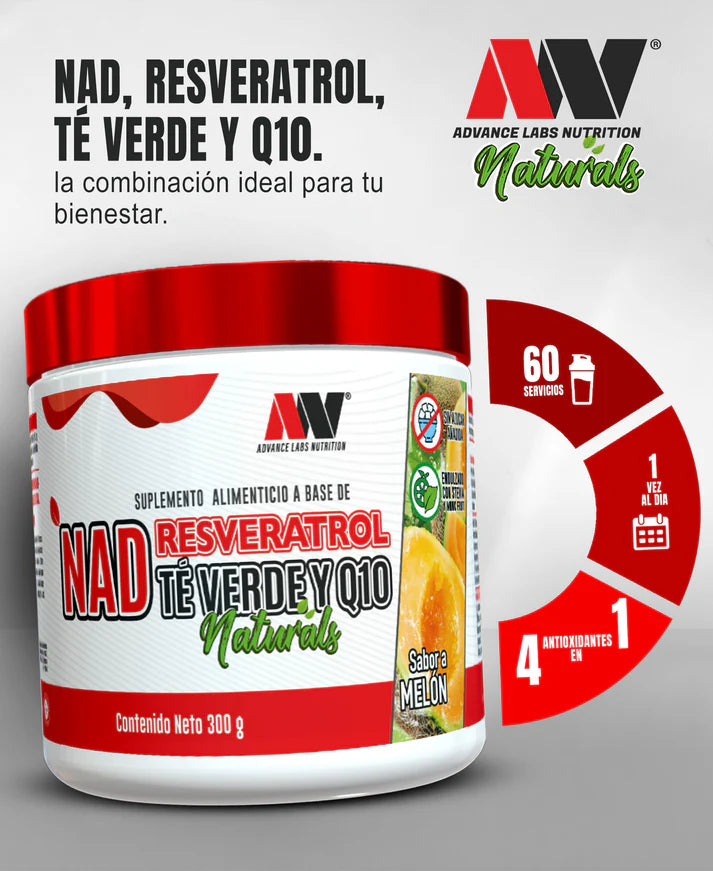 Advance Nutrition NAD, Resveratrol, Té Verde & Q10 60 Serv Sabor a Melon Portada 3