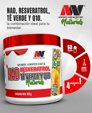 Advance Nutrition NAD, Resveratrol, Té Verde & Q10 60 Serv Sabor a Melon Portada 3