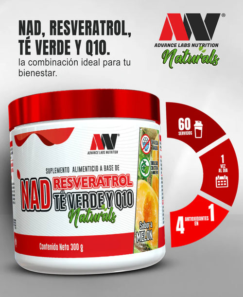 Advance Nutrition NAD, Resveratrol, Té Verde & Q10 60 Serv Sabor a Melon Portada 3
