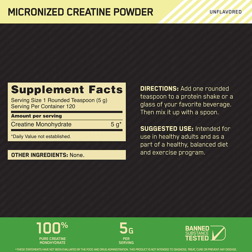 Optimum Nutrition Creatina 600 Gr 120 Serv informacion nutricional