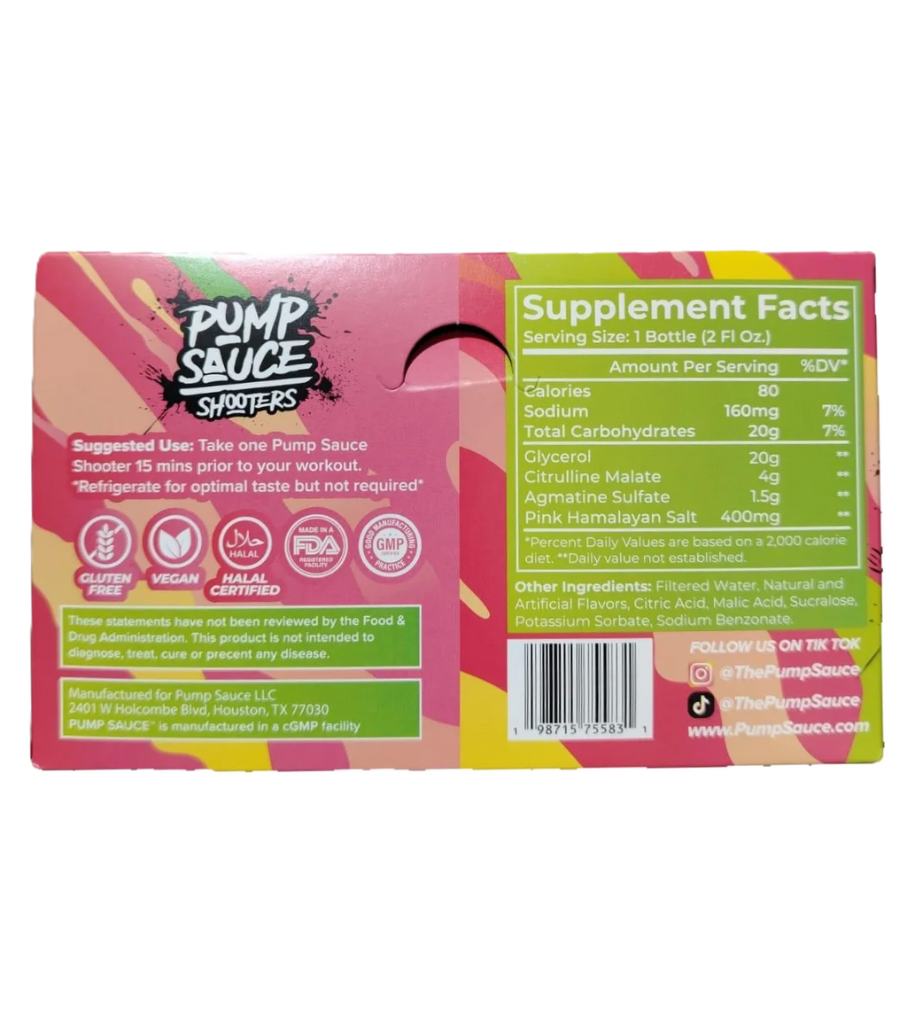 Pump Sauce Shooters Stim-Free Pre Entreno 12pack 60ml tropical informacion nutricional