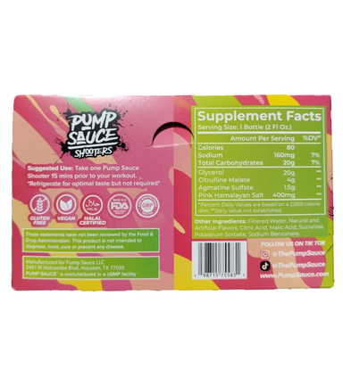 Pump Sauce Shooters Stim-Free Pre Entreno 12pack 60ml tropical informacion nutricional