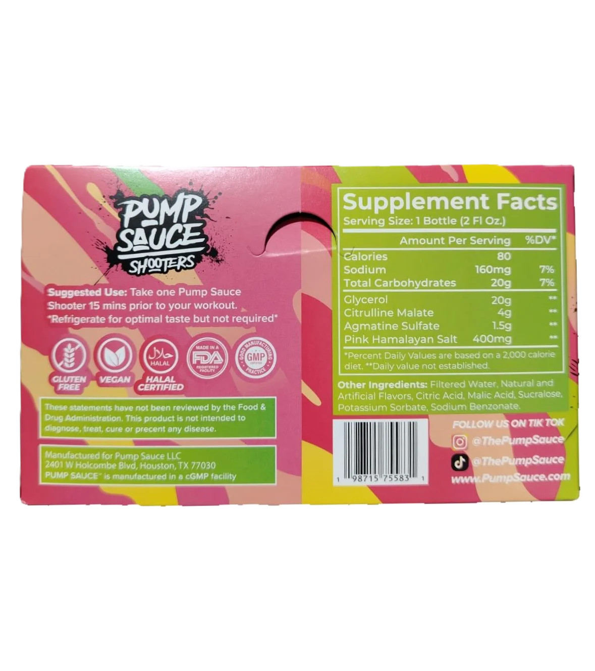 Pump Sauce Shooters Stim-Free Pre Entreno 12pack 60ml tropical informacion nutricional
