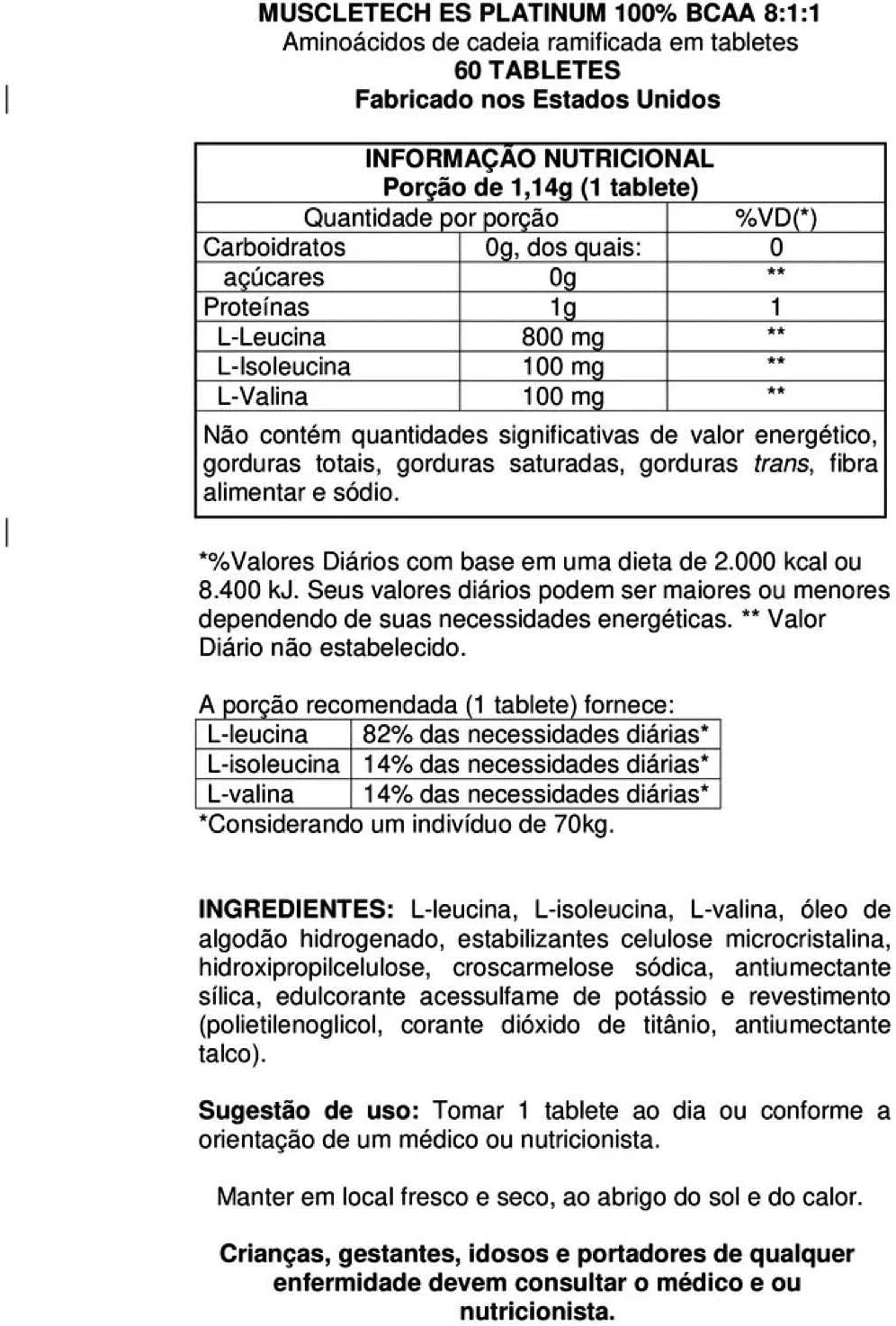 Muscletech Platinum BCAA 8:1:1 60cáps 60servs informacion nutricional