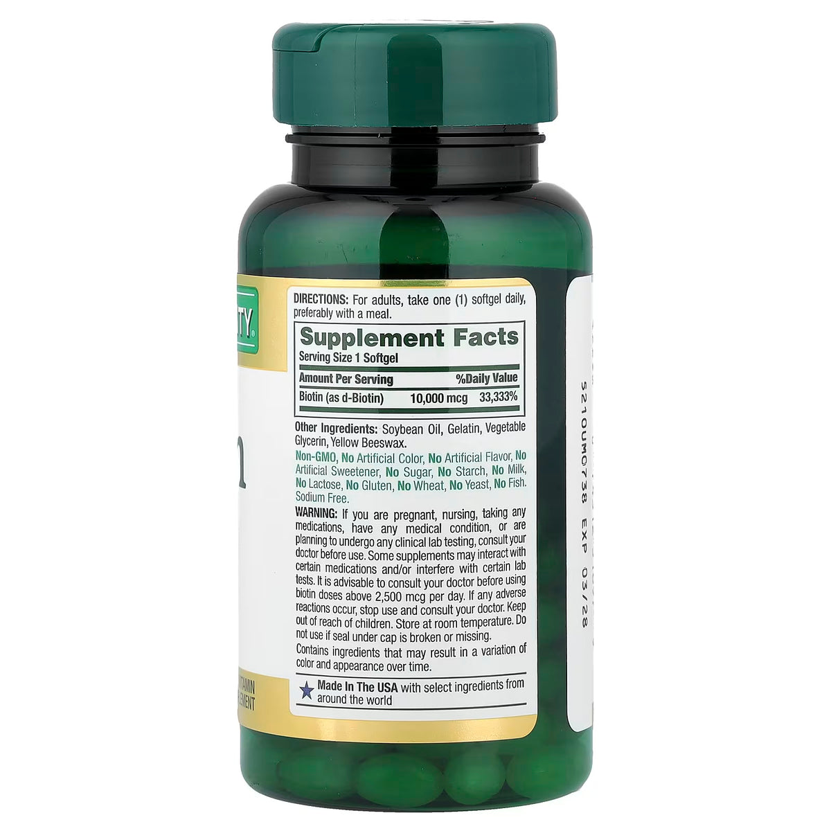 Nature´s Bounty Biotin 10,000 MCG 120 Capsulas informacion nutricional