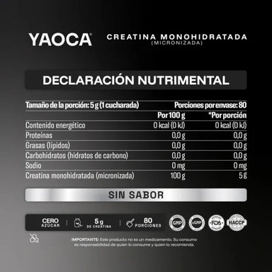 YAOCA Creatina Monohidratada 400gr 80 Servicios Sin Sabor Informacion nutricional
