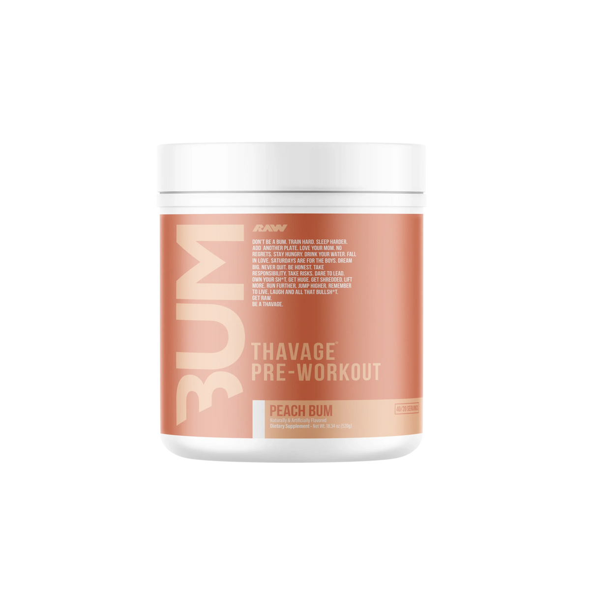 Raw Nutrition Bum Thavage Pre Entreno 40 Servicios peach bum
