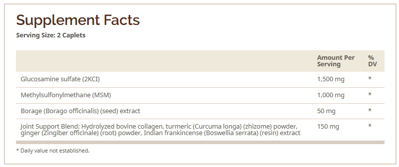 Glucoflex Glucosamina 1500mg & MSM 1000mg 60 capsulas informacion nutricional