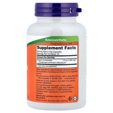Now Foods Cordyceps 750 Mg 90 Vegcapsules Soporte Inmune informacion nutricional