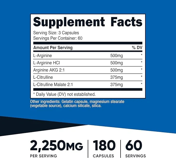 NUTRICOST OXIDO NITRICO 180 CÁSPULAS informacion nutricional