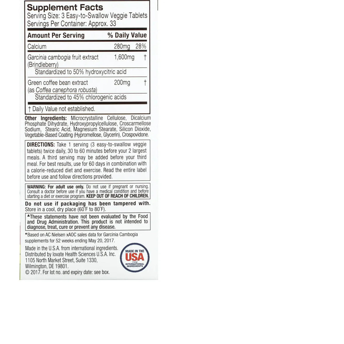 Purely Inspired Garcinia Cambogia 100 Cápsulas informacion nutricional