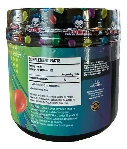 Hysterical Creatina Monohidratada 500g 100 Servicios Sabor Sin Sabor Informacion nutricional