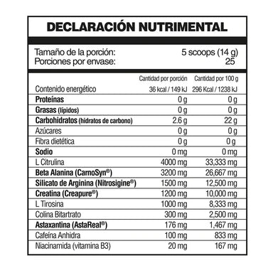 FSB King Cobra Pre Entreno 350g 25 Servicios Informacion nutricional