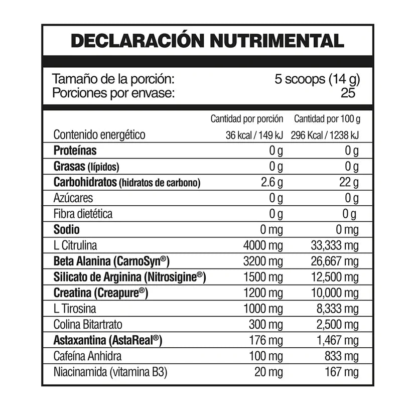 FSB King Cobra Pre Entreno 350g 25 Servicios Informacion nutricional
