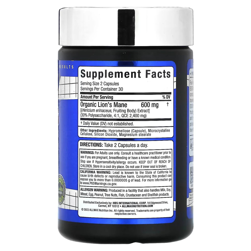 Allmax Lion's Mane 60 Capsulas Informacion nutricional