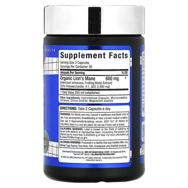 Allmax Lion's Mane 60 Capsulas Informacion nutricional