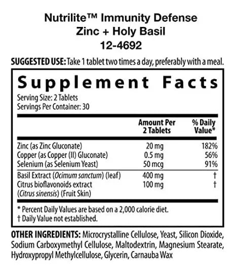 Nutrilite Zinc + Holy Basil 60 Tabletas Informacion nutricional