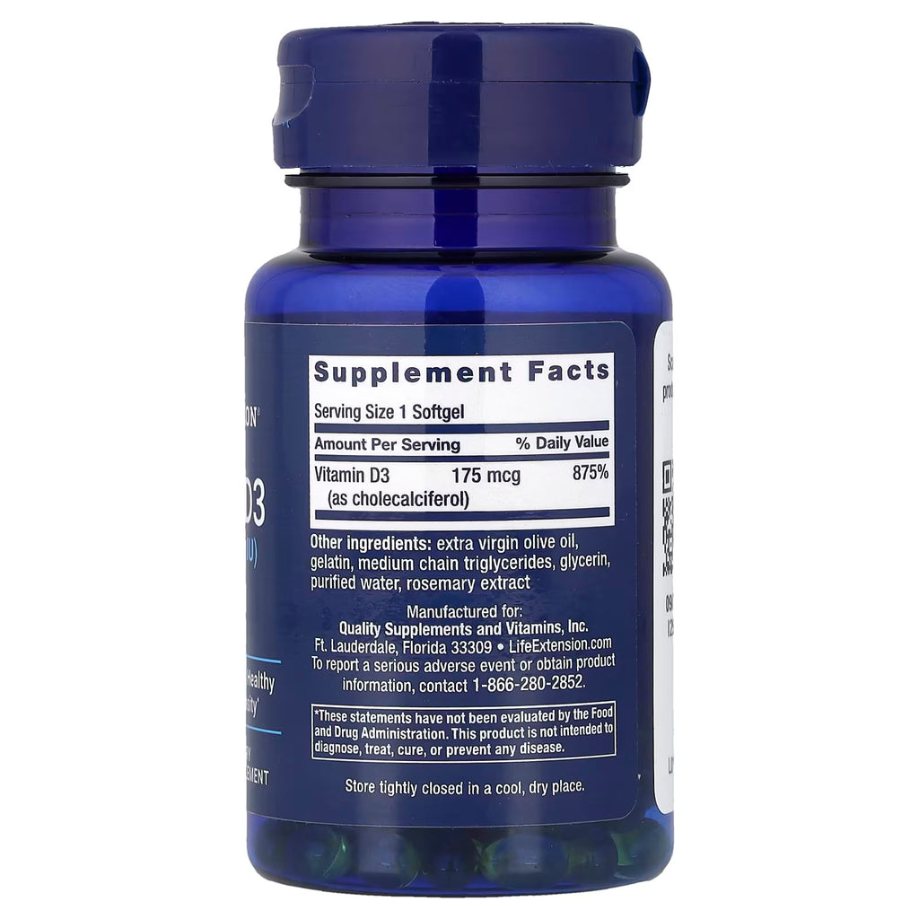 Life Extension Vitamina D3 175MCG 7000IU 60 Softgels Informacion nutricional