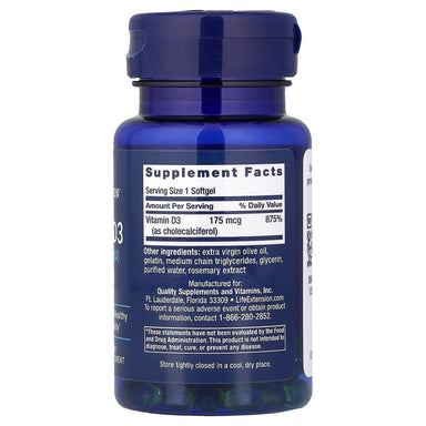 Life Extension Vitamina D3 175MCG 7000IU 60 Softgels Informacion nutricional