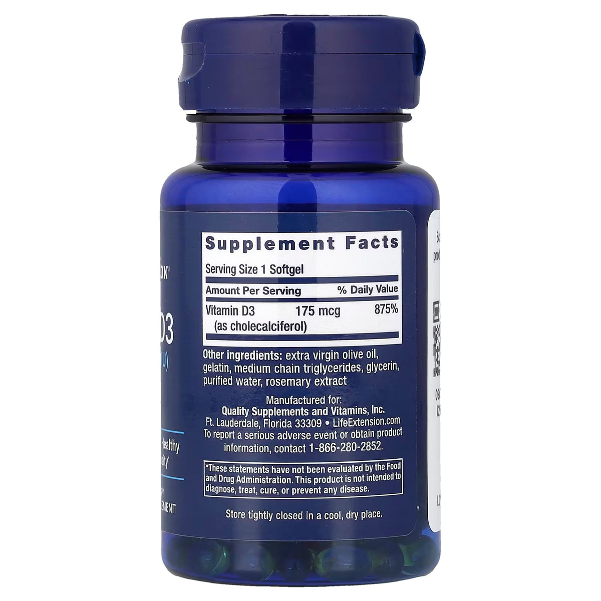 Life Extension Vitamina D3 175MCG 7000IU 60 Softgels Informacion nutricional