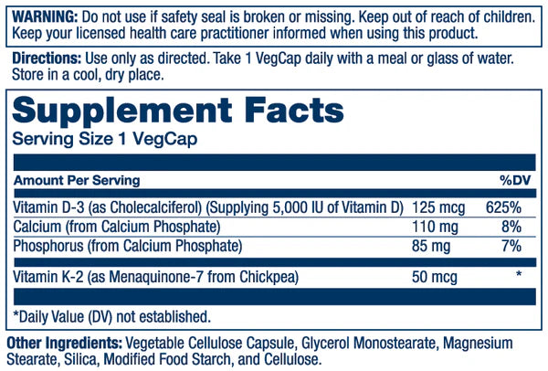 Solaray Vitamina D3 125mcg+ K2 50 mcg, 120 Cápsulas Vegetales Informacion nutricional
