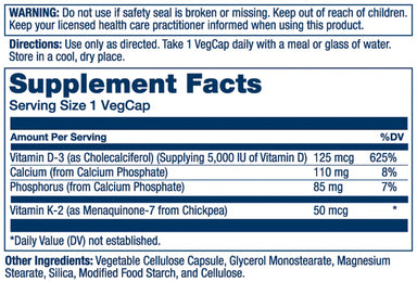 Solaray Vitamina D3 125mcg+ K2 50 mcg, 120 Cápsulas Vegetales Informacion nutricional