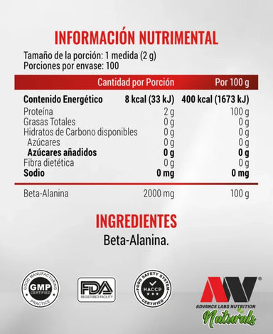 Advance Nutrition Beta Alanina 200g 100 Serv Informacion nutricional