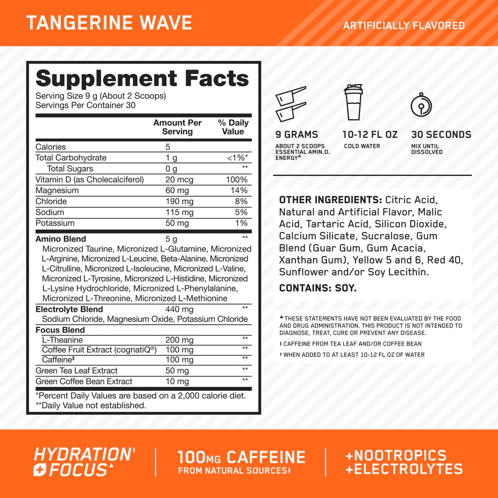 Optimum Nutrition Amino Energy Hydration + Focus 30 servicios informacion nutricional