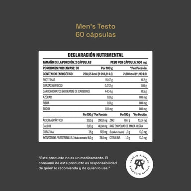YAOCA Men’s Testo 60 Capsulas Informacion nutricional