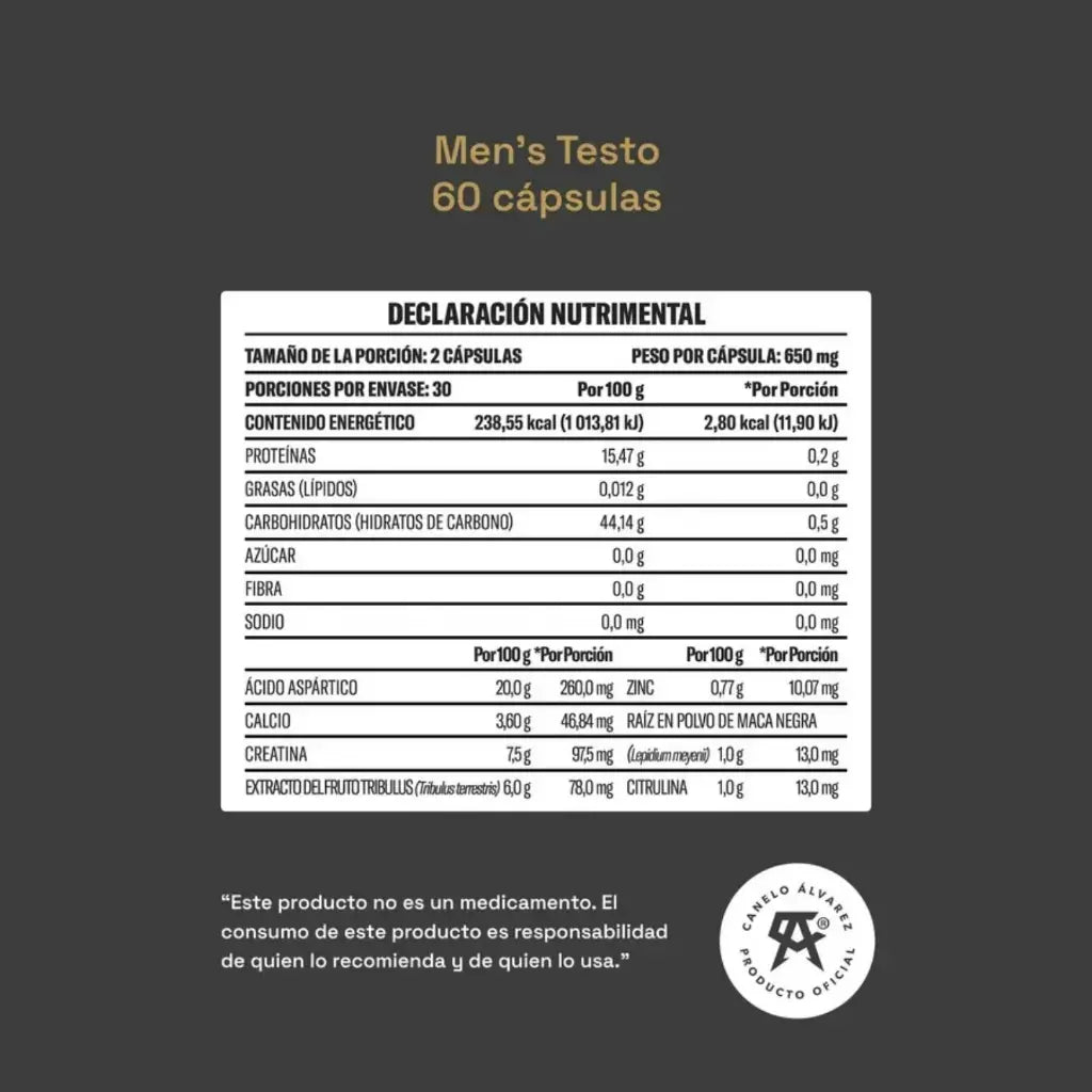 YAOCA Men’s Testo 60 Capsulas Informacion nutricional