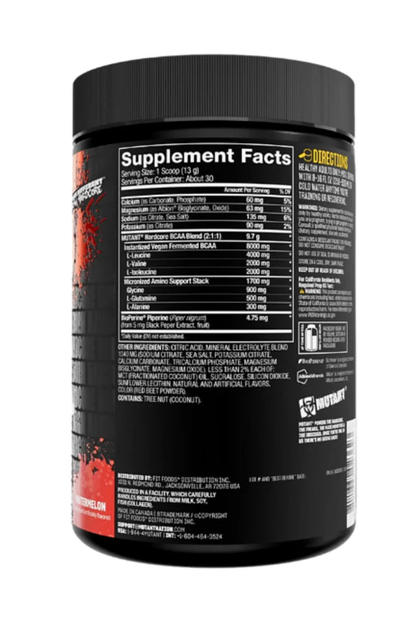 Mutant Hardcore Bcaa 390g 30 servicios Informacion nutricional