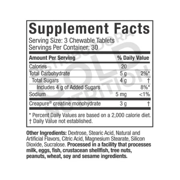 Muscletech Creatine Chews Creapure 90 tabletas Citrus Burst Informacion nutricional