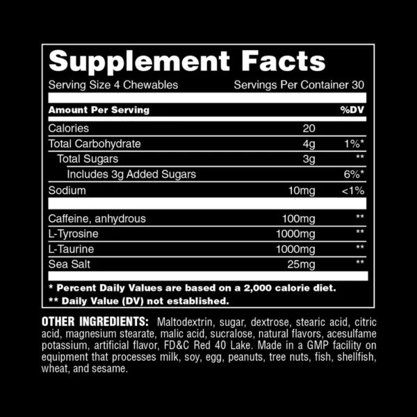 Universal Animal Energy Performance Chews 120 Tabletas Sabor Mango Informacion nutricional