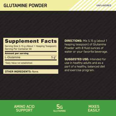 Optimum Nutrition Glutamina Powder 60 servicios informacion nutricional