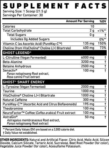 Ghost Legend V4 Pre Entreno 30 Servicios Sabor Sour Patch Redberry informacion nutricional