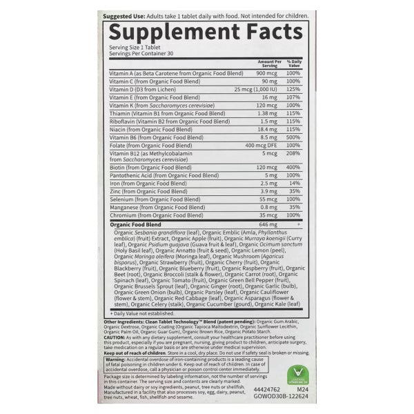 Garden of Life Organics multivitaminico para mujer 30 Tabs Informacion nutricional