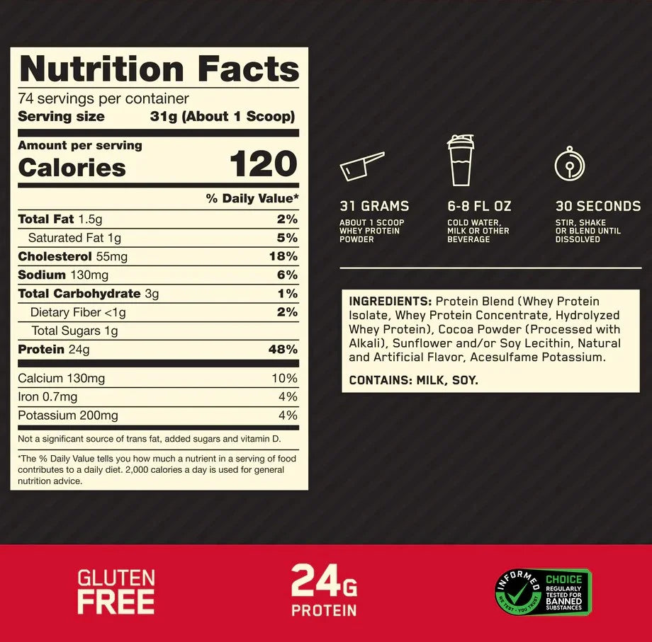Optimum Nutrition Proteina Gold Standard 100% Whey 5 libras Informacion Nutricional