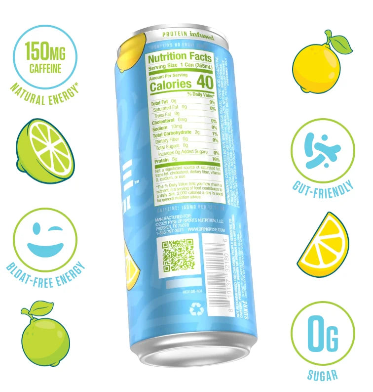 Ryse Energy Drink + Proteina 12 pack Ocean Breeze Informacion nutricional