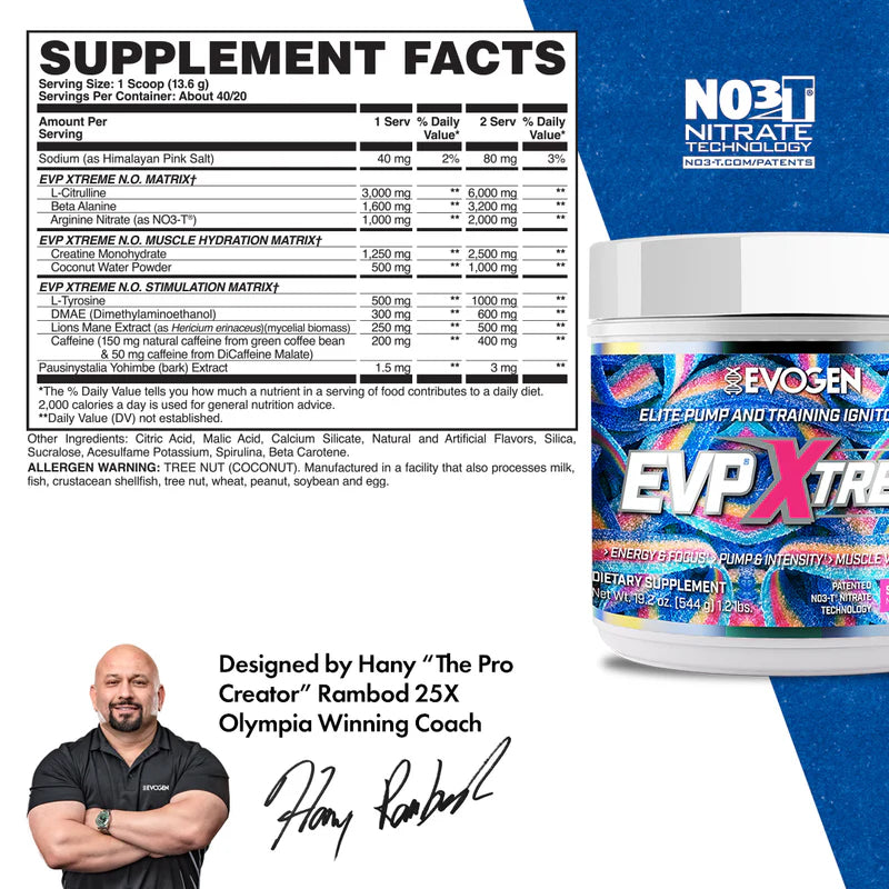 Evogen EVP Xtreme N.O Pre Entreno 40 Servicios informacion nutricional
