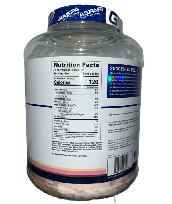 Gaspari Nutrition Proteina Proven Whey 100% Whey Isolate 4Lbs 54 Servs Sabor Napolitano Informacion nutricional