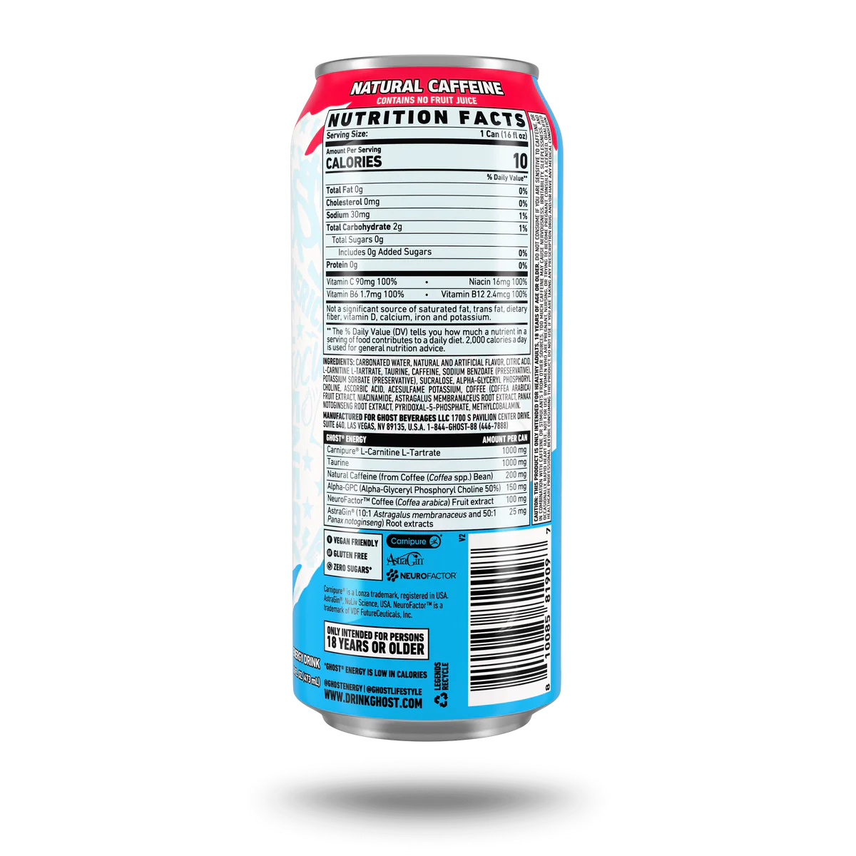 Ghost Energy Drink 16Oz 12 Pack informacion nutricional