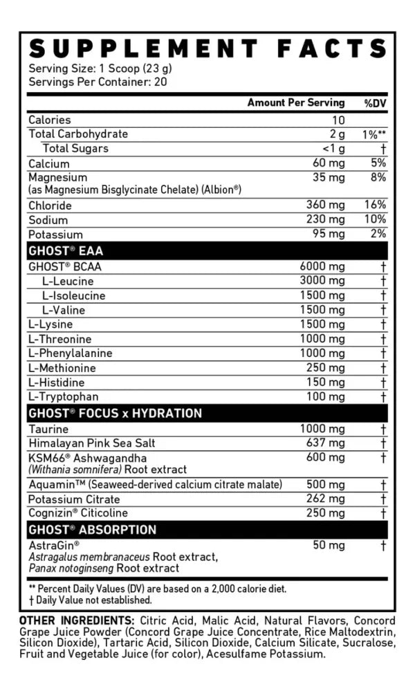 Ghost Intra Eaa Bcaa 20 Servicios. Aminoácidos y Electrolitos Informacion nutricional