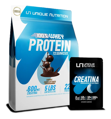 Unique Nutrition whey Protein 5lb + Creatina Monohidratada 50gr Chocolate Suizo Portada
