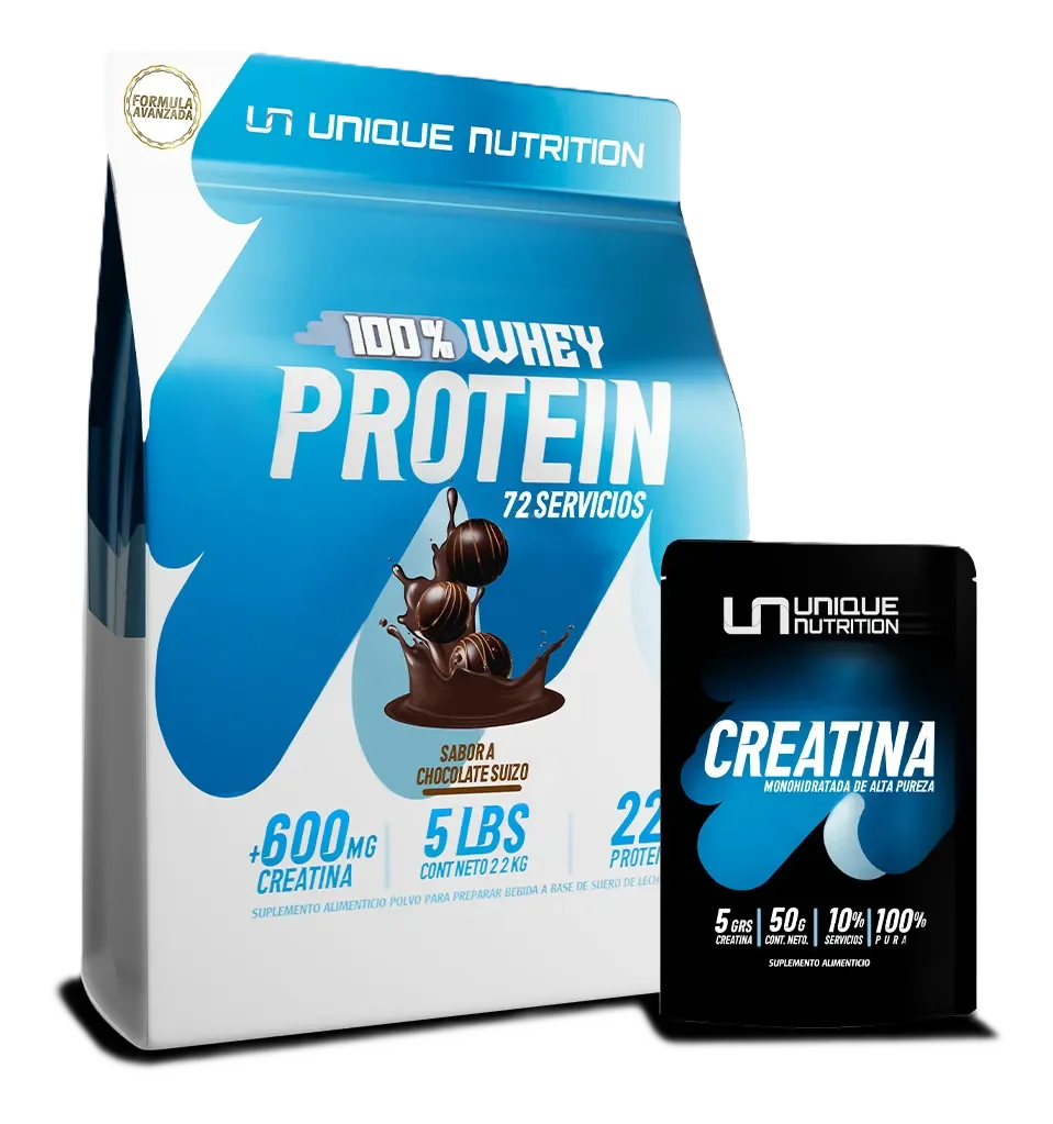 Unique Nutrition whey Protein 5lb + Creatina Monohidratada 50gr Chocolate Suizo Portada
