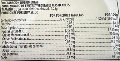 Nutrilite Kids Concentrado Frutas y Vegetales 60 Tabletas Masticables Sabor Naranja Informacion nutricional